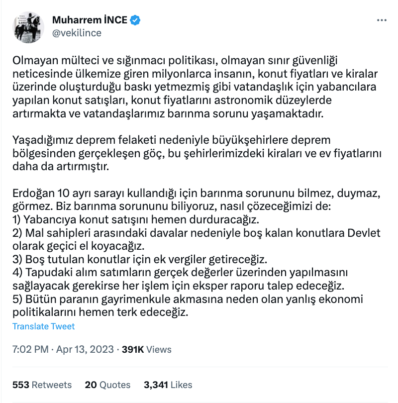 muharrem ince den konut fiyatlari ve ekonomi politikalari ile ilgili carpici aciklama